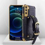 For Samsung Galaxy S21 Electroplated TPU Crocodile Pattern Leather Case with Wrist Strap(Black)