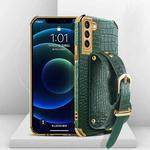 For Samsung Galaxy S21 Electroplated TPU Crocodile Pattern Leather Case with Wrist Strap(Green)