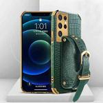 For Samsung Galaxy S21 Ultra Electroplated TPU Crocodile Pattern Leather Case with Wrist Strap(Green)