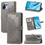 Halfway Mandala Embossing Pattern Horizontal Flip Leather Case with Holder & Card Slots & Wallet & Lanyard For Xiaomi 11 Lite(Grey)