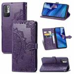 Halfway Mandala Embossing Pattern Horizontal Flip Leather Case with Holder & Card Slots & Wallet & Lanyard For Xiaomi Redmi Note 10 5G(Purple)