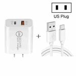 20W PD Type-C + QC 3.0 USB Interface Fast Charging Travel Charger with USB to Type-C Fast Charge Data Cable US Plug