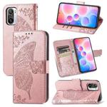 For Xiaomi Redmi Note 10 Pro Butterfly Love Flowers Embossed Horizontal Flip Leather Case with Holder & Card Slots & Wallet & Lanyard(Rose Gold)