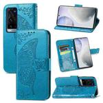 For vivo X60 Pro+ Butterfly Love Flowers Embossed Horizontal Flip Leather Case with Holder & Card Slots & Wallet & Lanyard(Blue)