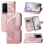 For vivo X60 Pro+ Butterfly Love Flowers Embossed Horizontal Flip Leather Case with Holder & Card Slots & Wallet & Lanyard(Rose Gold)