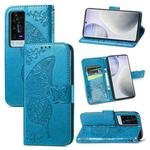For vivo X60 Pro Butterfly Love Flowers Embossed Horizontal Flip Leather Case with Holder & Card Slots & Wallet & Lanyard(Blue)