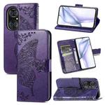 For Huawei  P50 Pro Butterfly Love Flowers Embossed Horizontal Flip Leather Case with Holder & Card Slots & Wallet & Lanyard(Dark Purple)