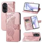 For Huawei  P50 Pro Butterfly Love Flowers Embossed Horizontal Flip Leather Case with Holder & Card Slots & Wallet & Lanyard(Rose Gold)