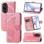 For Huawei  P50 Pro Butterfly Love Flowers Embossed Horizontal Flip Leather Case with Holder & Card Slots & Wallet & Lanyard(Pink)
