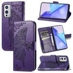 For OnePlus 9 Butterfly Love Flowers Embossed Horizontal Flip Leather Case with Holder & Card Slots & Wallet & Lanyard(Dark Purple)