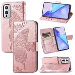 For OnePlus 9 Butterfly Love Flowers Embossed Horizontal Flip Leather Case with Holder & Card Slots & Wallet & Lanyard(Rose Gold)