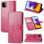 For Samsung Galaxy A22 5G Four-leaf Clasp Embossed Buckle Mobile Phone Protection Leather Case with Lanyard & Card Slot & Wallet & Bracket Function(Rose Red)