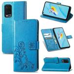 For OPPO A54  4G Four-leaf Clasp Embossed Buckle Mobile Phone Protection Leather Case with Lanyard & Card Slot & Wallet & Bracket Function(Blue)