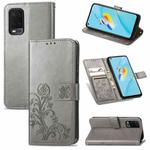 For OPPO A54  4G Four-leaf Clasp Embossed Buckle Mobile Phone Protection Leather Case with Lanyard & Card Slot & Wallet & Bracket Function(Grey)