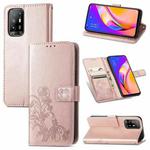 For OPPO A94 5G / F19 Pro+ / Reno5 Z Four-leaf Clasp Embossed Buckle Mobile Phone Protection Leather Case with Lanyard & Card Slot & Wallet & Bracket Function(Rose Gold)