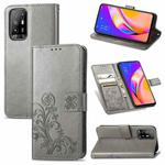 For OPPO A94 5G / F19 Pro+ / Reno5 Z Four-leaf Clasp Embossed Buckle Mobile Phone Protection Leather Case with Lanyard & Card Slot & Wallet & Bracket Function(Grey)