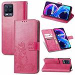 For OPPO Realme Q3 5G / Realme Q3i 5G Four-leaf Clasp Embossed Buckle Mobile Phone Protection Leather Case with Lanyard & Card Slot & Wallet & Bracket Function(Rose Red)