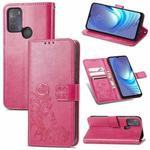 For Motorola Moto G50 Four-leaf Clasp Embossed Buckle Mobile Phone Protection Leather Case with Lanyard & Card Slot & Wallet & Bracket Function(Rose Red)