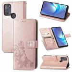 For Motorola Moto G50 Four-leaf Clasp Embossed Buckle Mobile Phone Protection Leather Case with Lanyard & Card Slot & Wallet & Bracket Function(Rose Gold)