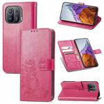 For Xiaomi Mi 11 Pro Four-leaf Clasp Embossed Buckle Mobile Phone Protection Leather Case with Lanyard & Card Slot & Wallet & Bracket Function(Rose Red)