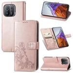 For Xiaomi Mi 11 Pro Four-leaf Clasp Embossed Buckle Mobile Phone Protection Leather Case with Lanyard & Card Slot & Wallet & Bracket Function(Rose Gold)