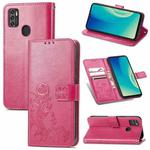 For ZTE A7S 2020 Four-leaf Clasp Embossed Buckle Mobile Phone Protection Leather Case with Lanyard & Card Slot & Wallet & Bracket Function(Rose Red)