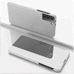 For Samsung Galaxy S21 FE Plated Mirror Horizontal Flip Leather Case with Holder(Silver)