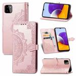 For Samsung Galaxy A22 5G Mandala Embossing Pattern Horizontal Flip Leather Case with Holder & Card Slots & Wallet & Lanyard(Rose Gold)