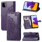 For Samsung Galaxy A22 5G Mandala Embossing Pattern Horizontal Flip Leather Case with Holder & Card Slots & Wallet & Lanyard(Purple)