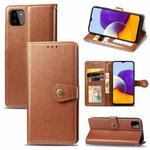 For Samsung Galaxy A22 5G Solid Color Leather Buckle Phone Case with Lanyard & Photo Frame & Card Slot & Wallet & Stand Function(Brown)