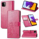 For Samsung Galaxy A22 4G Four-leaf Clasp Embossed Buckle Mobile Phone Protection Leather Case with Lanyard & Card Slot & Wallet & Bracket Function(Magenta)