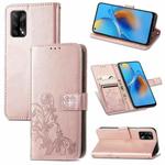 For OPPO F19 Four-leaf Clasp Embossed Buckle Mobile Phone Protection Leather Case with Lanyard & Card Slot & Wallet & Bracket Function(Rose Gold)