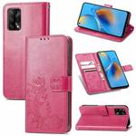For OPPO F19 Four-leaf Clasp Embossed Buckle Mobile Phone Protection Leather Case with Lanyard & Card Slot & Wallet & Bracket Function(Magenta)