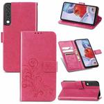 For LG Stylo 7 4G Four-leaf Clasp Embossed Buckle Mobile Phone Protection Leather Case with Lanyard & Card Slot & Wallet & Bracket Function(Magenta)