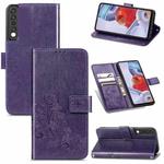 For LG Stylo 7 4G Four-leaf Clasp Embossed Buckle Mobile Phone Protection Leather Case with Lanyard & Card Slot & Wallet & Bracket Function(Purple)