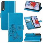 For LG Stylo 7 4G Four-leaf Clasp Embossed Buckle Mobile Phone Protection Leather Case with Lanyard & Card Slot & Wallet & Bracket Function(Blue)