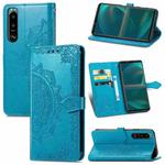 For Sony Xperia 5 III Mandala Flower Embossed Horizontal Flip Leather Case with Bracket / Card Slot / Wallet / Lanyard(Blue)