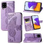 For Samsung Galaxy A22 4G Butterfly Love Flowers Embossed Horizontal Flip Leather Case with Holder & Card Slots & Wallet & Lanyard(Light Purple)