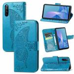 For Sony Xperia 10 III Butterfly Love Flowers Embossed Horizontal Flip Leather Case with Holder & Card Slots & Wallet & Lanyard(Blue)