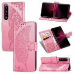 For Sony Xperia 1 III Butterfly Love Flower Embossed Horizontal Flip Leather Case with Bracket / Card Slot / Wallet / Lanyard(Pink)
