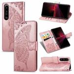 For Sony Xperia 1 III Butterfly Love Flower Embossed Horizontal Flip Leather Case with Bracket / Card Slot / Wallet / Lanyard(Rose Gold)
