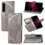 For Sony Xperia 1 III Butterfly Love Flower Embossed Horizontal Flip Leather Case with Bracket / Card Slot / Wallet / Lanyard(Grey)