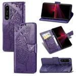 For Sony Xperia 1 III Butterfly Love Flower Embossed Horizontal Flip Leather Case with Bracket / Card Slot / Wallet / Lanyard(Dark Purple)