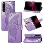 For Sony Xperia 1 III Butterfly Love Flower Embossed Horizontal Flip Leather Case with Bracket / Card Slot / Wallet / Lanyard(Light Purple)
