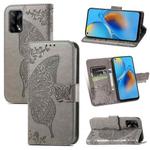 For OPPO F19  4G/ A74 4G Butterfly Love Flower Embossed Horizontal Flip Leather Case with Bracket / Card Slot / Wallet / Lanyard(Grey)