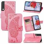 For LG Stylo 7 4G Butterfly Love Flower Embossed Horizontal Flip Leather Case with Bracket / Card Slot / Wallet / Lanyard(Pink)