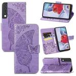 For LG Stylo 7 4G Butterfly Love Flower Embossed Horizontal Flip Leather Case with Bracket / Card Slot / Wallet / Lanyard(Light Purple)