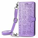 For Samsung Galaxy A32 5G Cute Cat and Dog Embossed Horizontal Flip Leather Case with Holder & Card Slots & Wallet & Crossbody Lanyard & Card Cover(Purple)