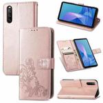 For Sony Xperia 10 III Four-leaf Clasp Embossed Buckle Mobile Phone Protection Leather Case with Lanyard & Card Slot & Wallet & Bracket Function(Rose Gold)