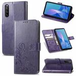 For Sony Xperia 10 III Four-leaf Clasp Embossed Buckle Mobile Phone Protection Leather Case with Lanyard & Card Slot & Wallet & Bracket Function(Purple)
